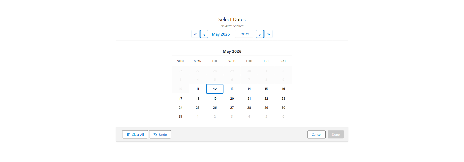 MultiDatePick Date component running inside a Salesforce Screen Flow - calendar with Done button as the flow's screen action