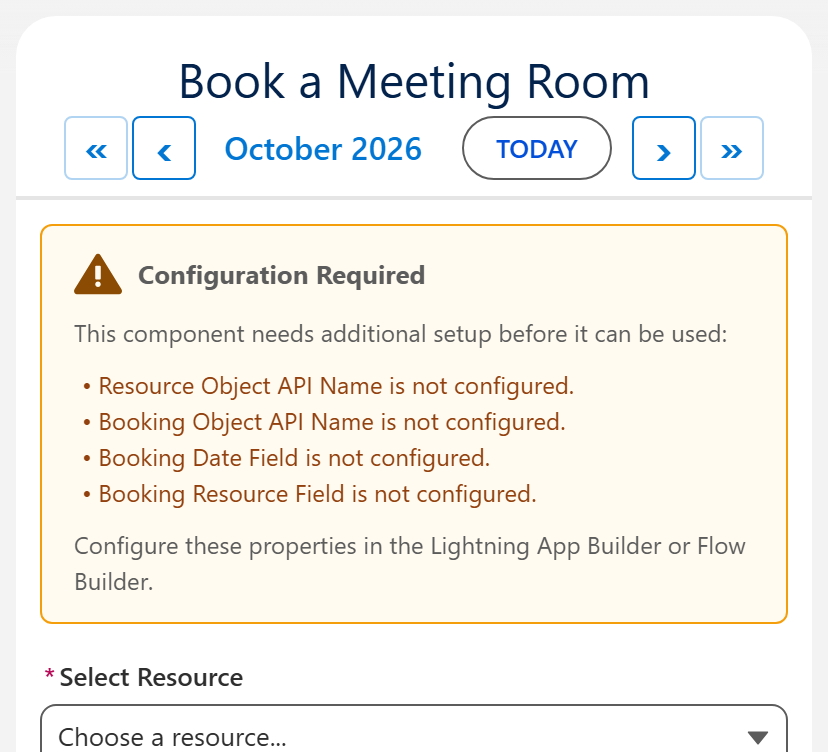 Salesforce booking calendar showing the Configuration Required panel listing four missing settings: resource object, booking object, booking date field and booking resource field