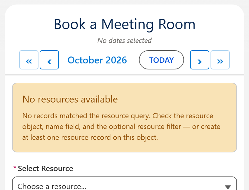 Salesforce room booking calendar showing the No resources available notice because the resource filter matches no rooms