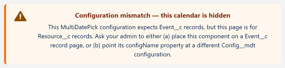 Salesforce calendar showing the amber Configuration mismatch banner: the configuration expects Event records but the page is for a Resource record