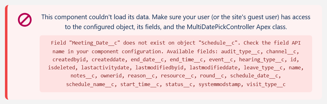 Salesforce calendar showing the red This component couldn't load its data banner, with the exact cause underneath: a date field name that does not exist on the object