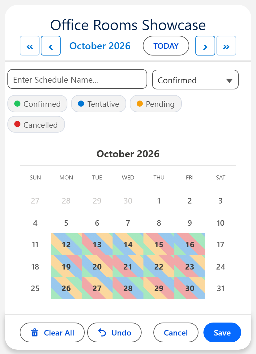 Salesforce calendar with Load Existing Dates turned on, showing a month of saved meeting room bookings colored by status