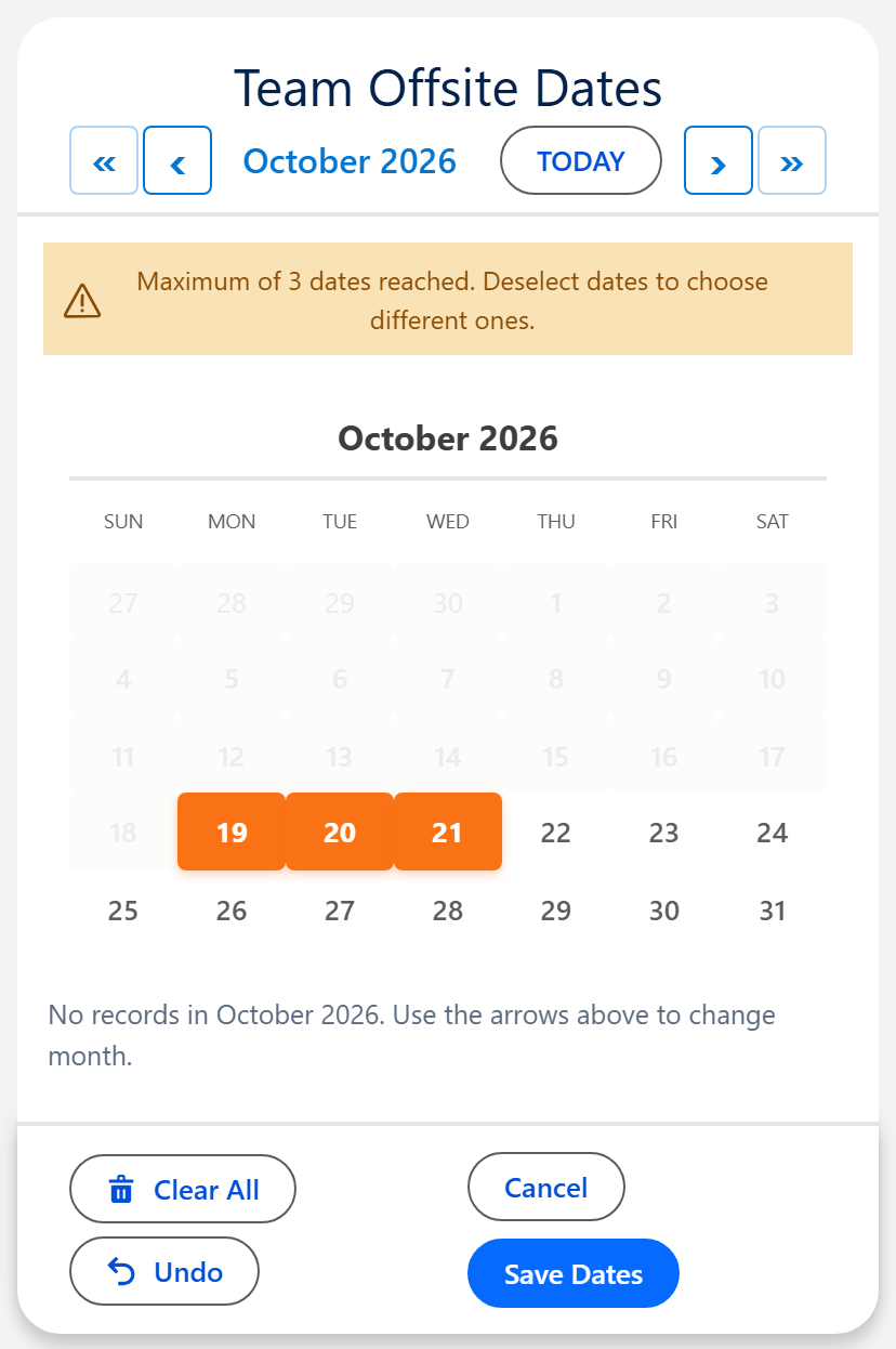 Salesforce date picker with three dates selected and the notice Maximum of 3 dates reached. Deselect dates to choose different ones.