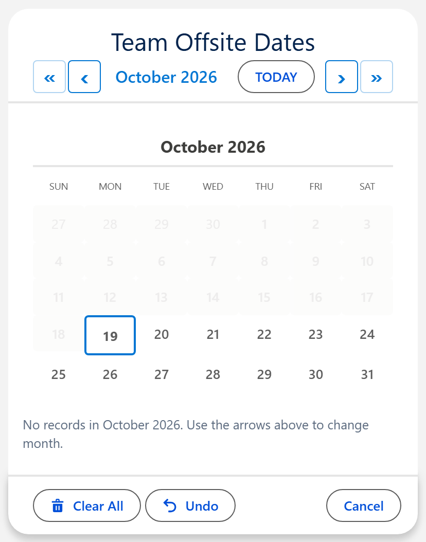 Salesforce date picker on an App Page with no parent record set: Clear All, Undo and Cancel buttons, but no Save button