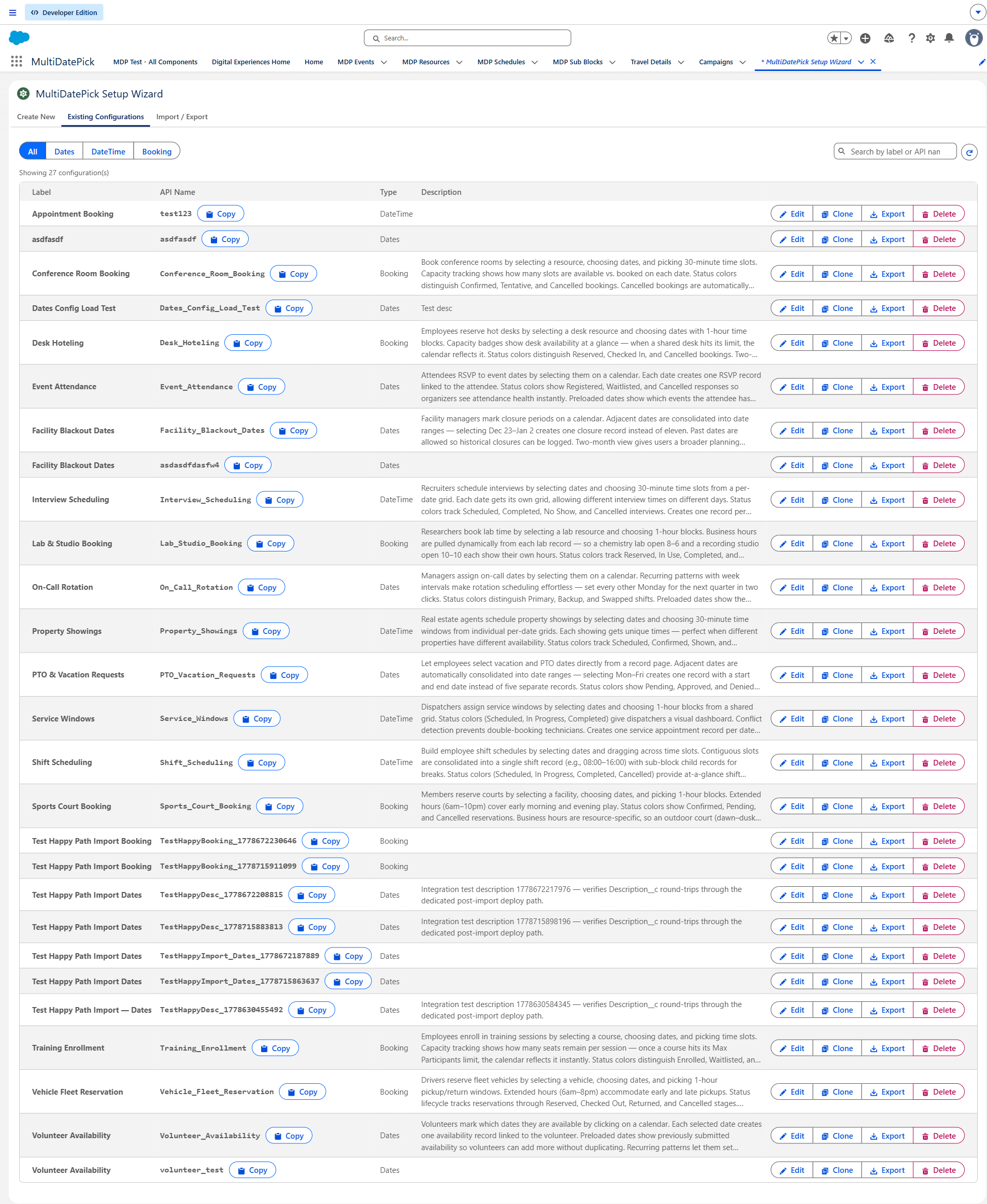 Setup Wizard's Existing Configurations tab listing saved CMT configs with their component type, label, and description