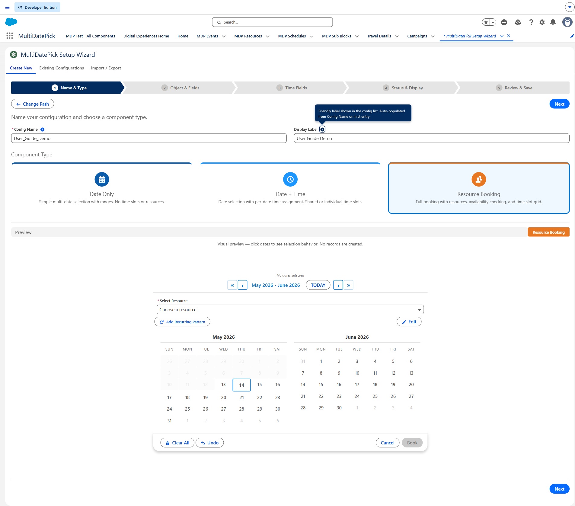 Setup Wizard Step 1 showing the Component Type chooser (Dates / DateTime / Booking) and the Config Name + Label inputs