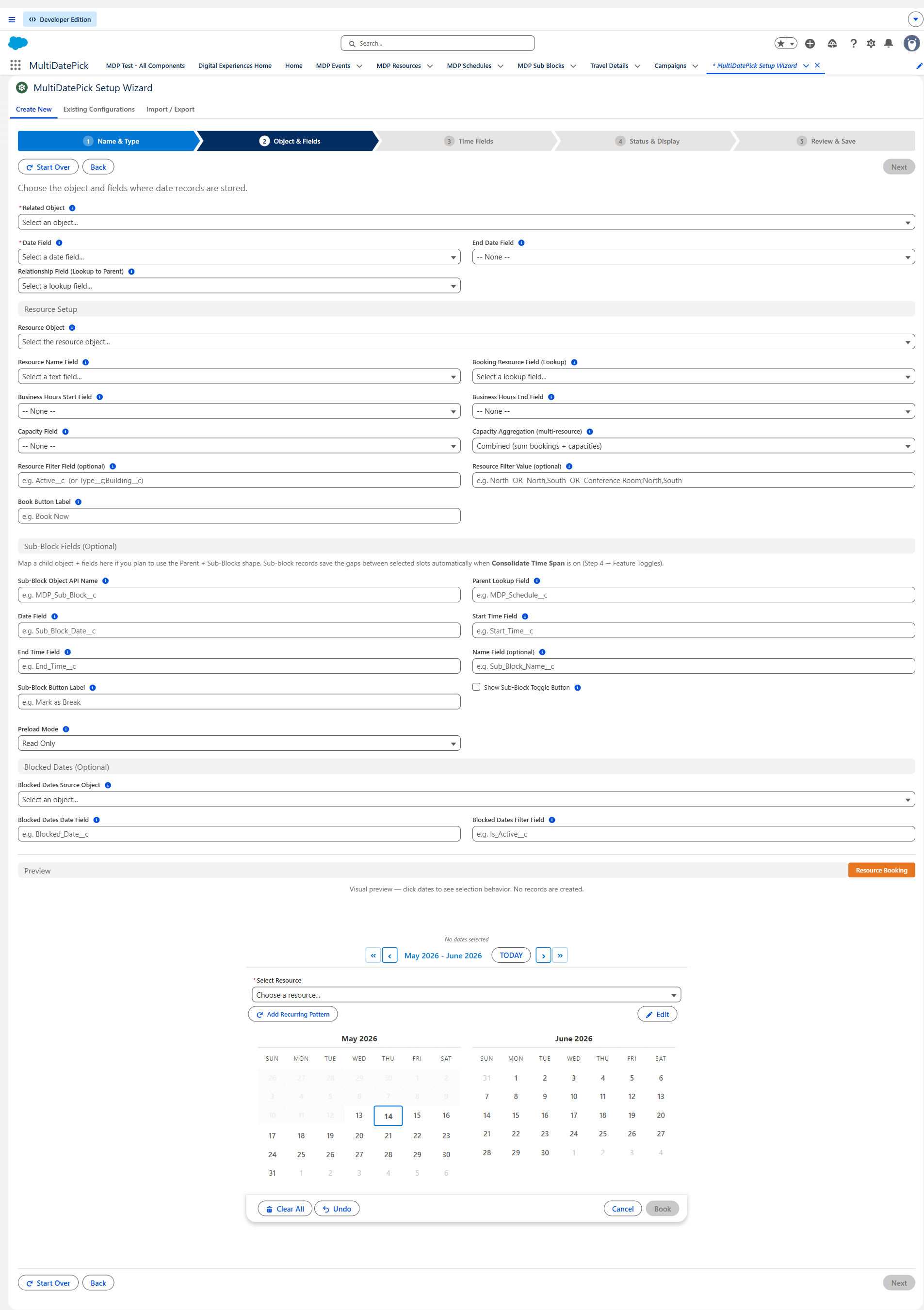 Setup Wizard Step 2 showing object and field pickers — Related Object, Date Field, Relationship Field, End Date Field, and the Placement chooser for the page surface