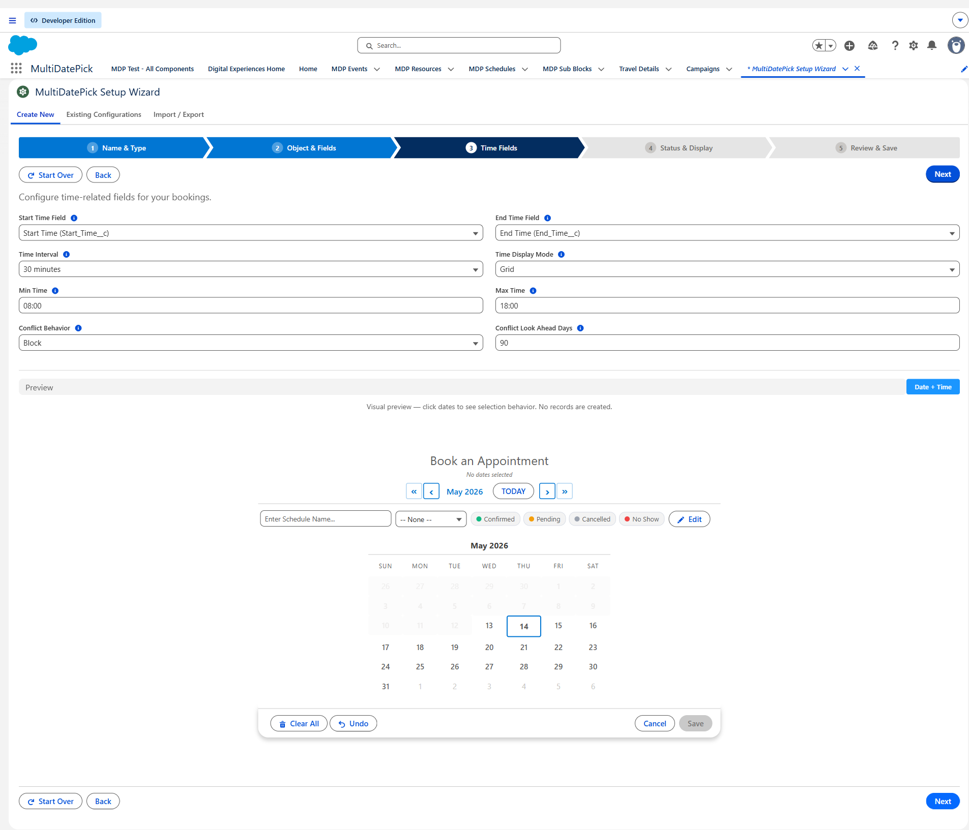 Setup Wizard Step 3 — Resource object, Capacity Field, Business Hours fields, and Resource Filter inputs (Booking component only)