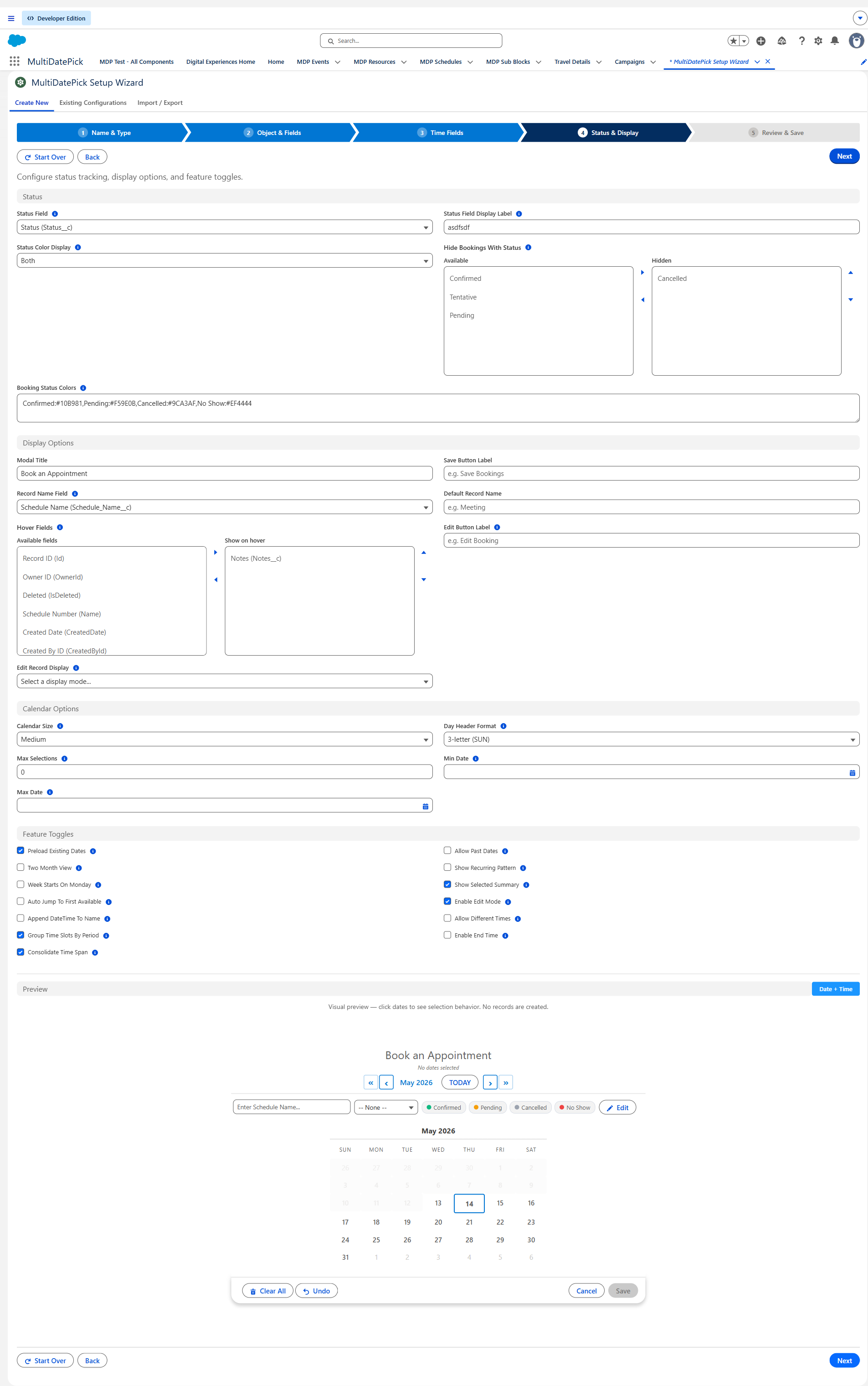 Setup Wizard Step 4 — Status Field, Status Colors mapping with color swatches, Edit Mode toggle, and other display options
