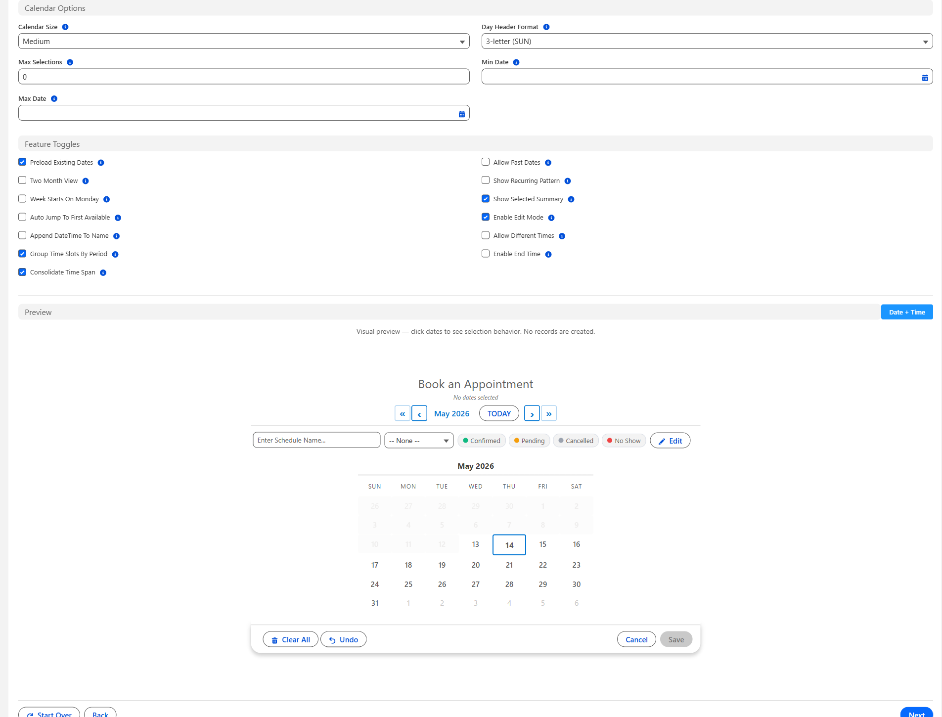MultiDatePick Setup Wizard in Salesforce, Step 4 display options: record naming, hover fields, calendar size, day header format, and the feature toggles