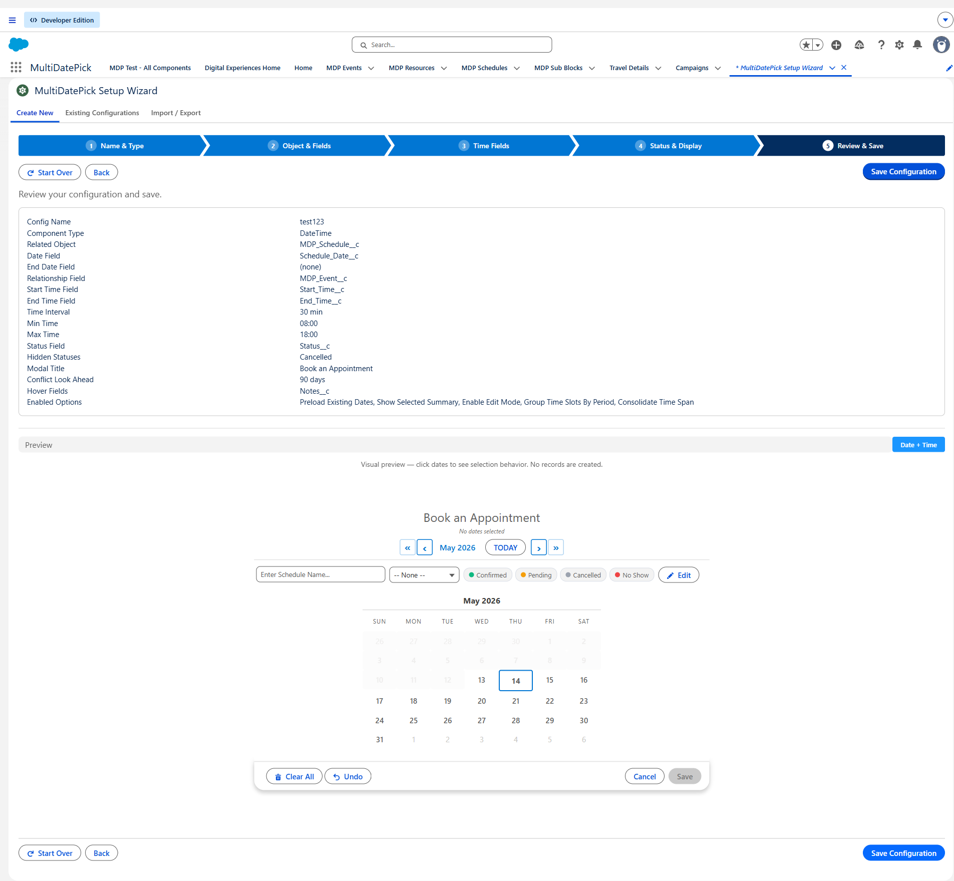 Setup Wizard Step 5 — Max Selections, Allow Past Dates toggle, Recurring Pattern toggle, Blocked Dates Source, Conflict Look-Ahead Days, and Preload Mode