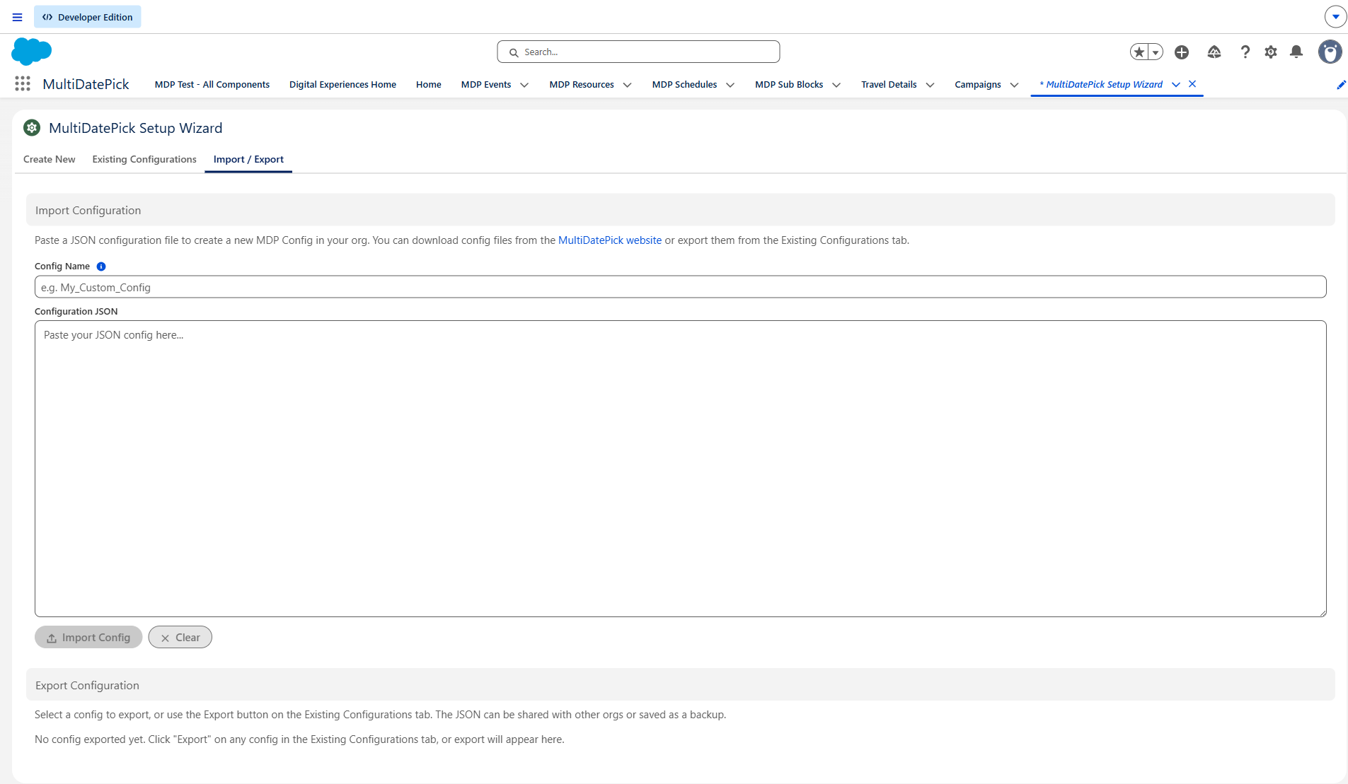 Setup Wizard's Import / Export tab showing a textarea for pasting a JSON config and the Save Description card after import