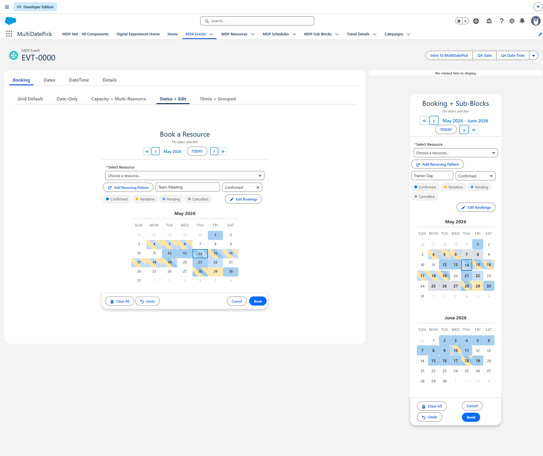 Booking component with status colors active on the calendar (Confirmed slots in blue, Tentative in yellow) and the Edit Mode toggle showing the Edit Dates button