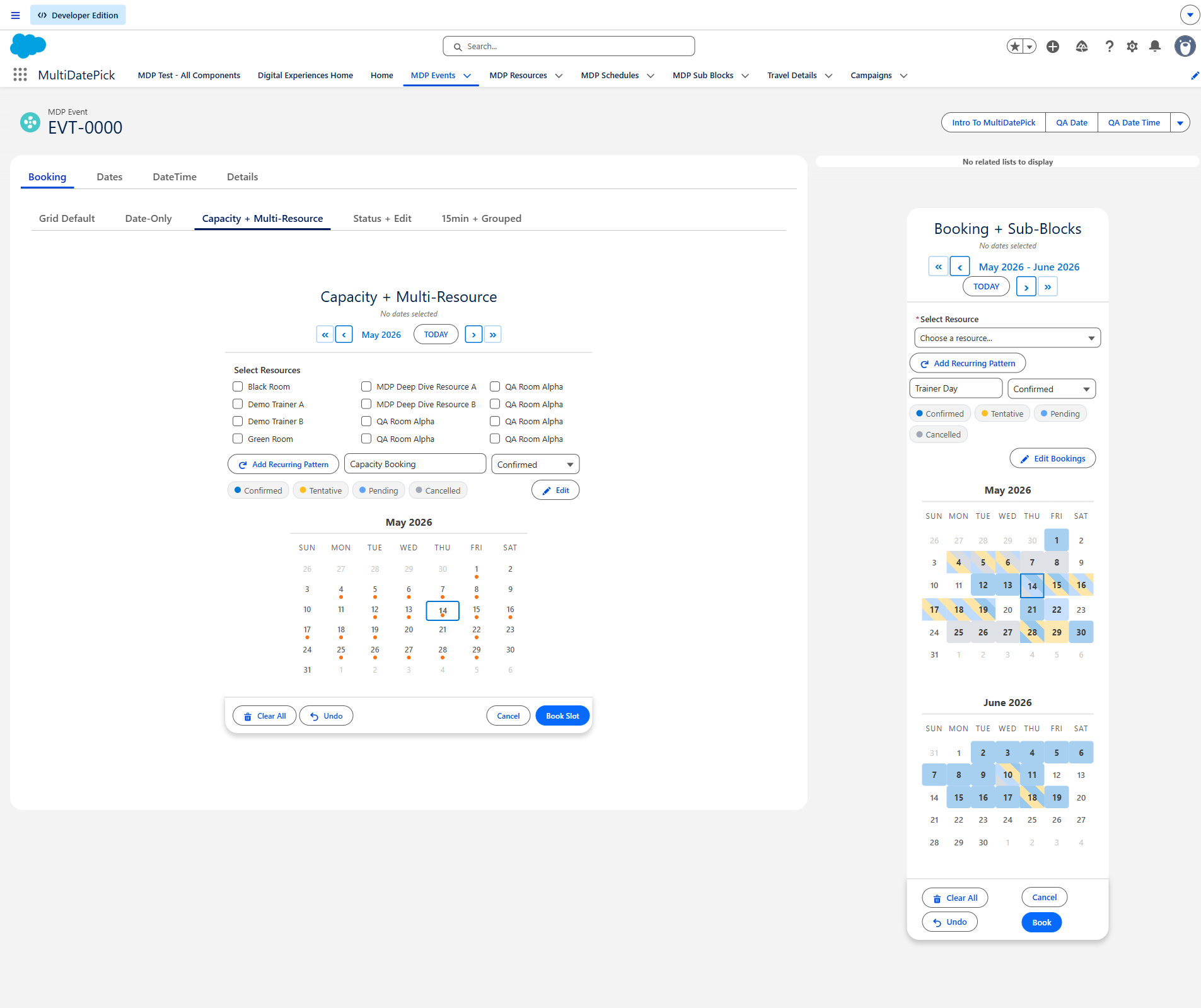 Booking component in multi-resource mode with two resources checked, showing a combined capacity grid with X/Y badges on each time slot