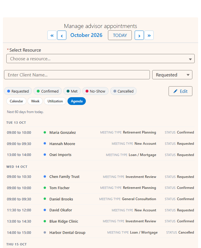 MultiDatePick Salesforce agenda view: upcoming appointments listed by date with time, client name, status pill and advisor