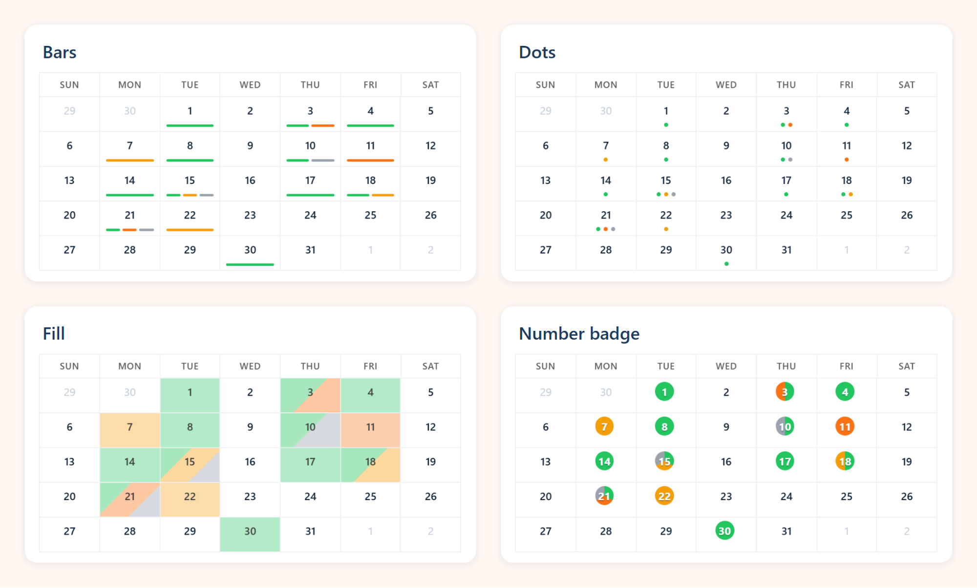 One Salesforce booking month in MultiDatePick's four Status Display styles: bars under each day, dots, a tinted fill split diagonally when statuses mix, and the date in a colored number badge