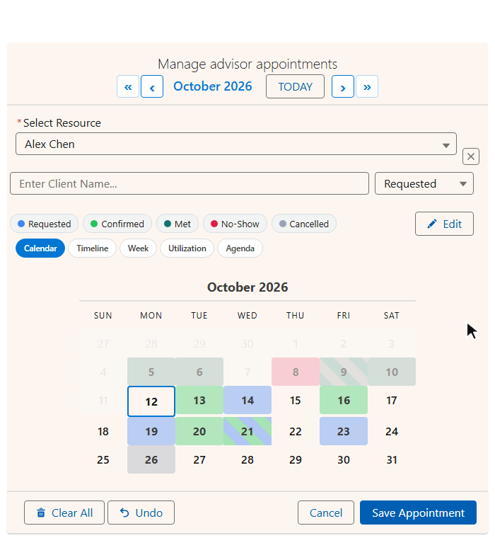 Animated demo of MultiDatePick status filter pills on a Salesforce calendar: clicking a status pill filters the advisor's month to the appointments with that status