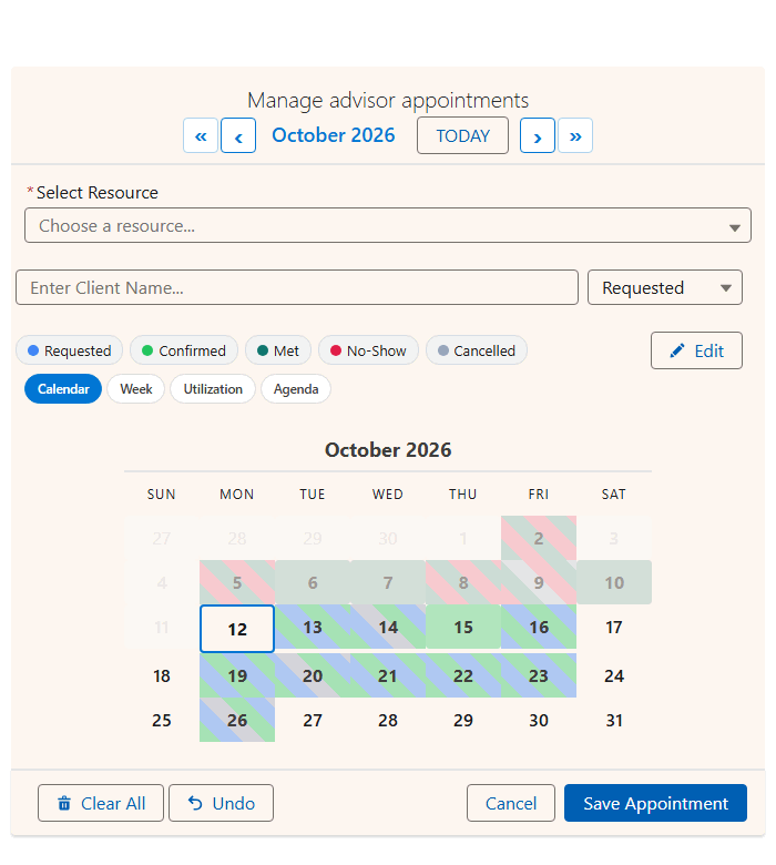 Animated demo of the MultiDatePick Salesforce calendar view: picking an advisor fills the month with status colors, and hovering a day opens a card listing that day's appointments by client name, time and status