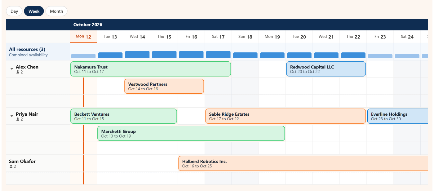 Salesforce timeline close-up: overlapping multi-day bookings stacked into lanes under each resource, and a combined capacity strip showing how full each day is
