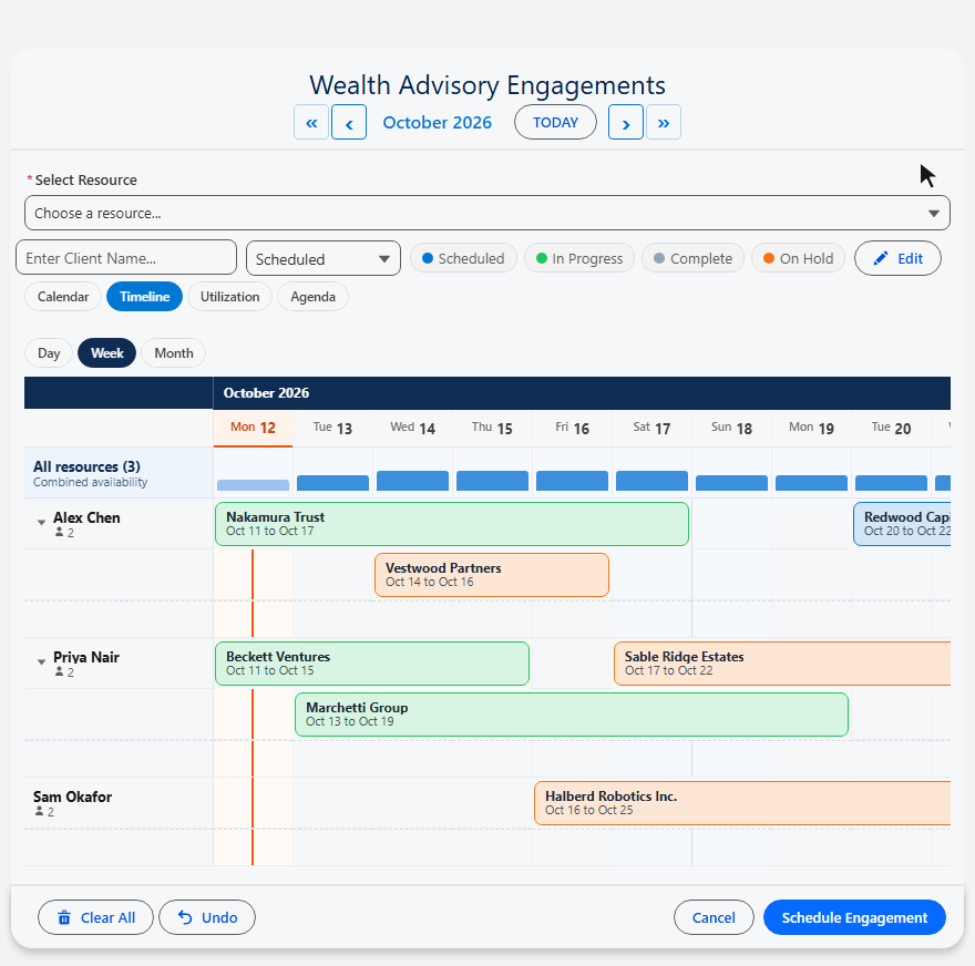 Animated demo of rescheduling on a Salesforce timeline: dragging the right edge of a booking stretches it two days, dragging another slides it two days later, and each saves on release