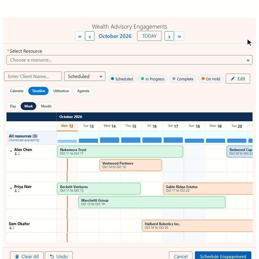 Animated demo of the MultiDatePick Salesforce resource timeline: advisors down the side, multi-day engagements as single bars, a hover card on one engagement, then zooming from Week to Month and paging forward