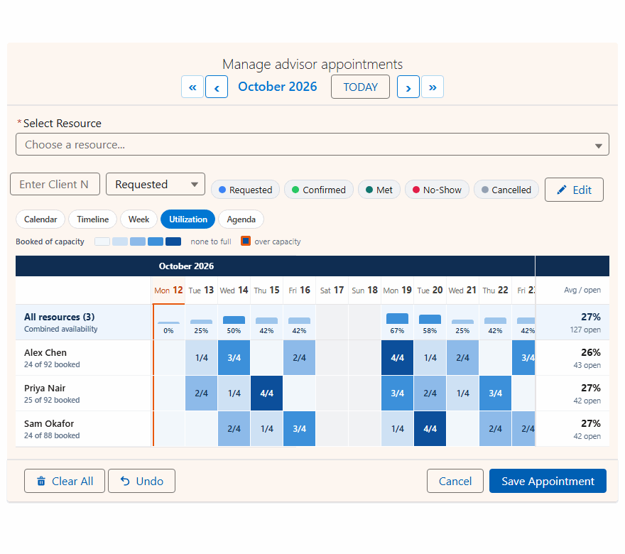 Animated demo of the MultiDatePick Salesforce utilization heatmap: advisors down the side showing booked of capacity per day, hovering a full day, then clicking it to open that advisor's week