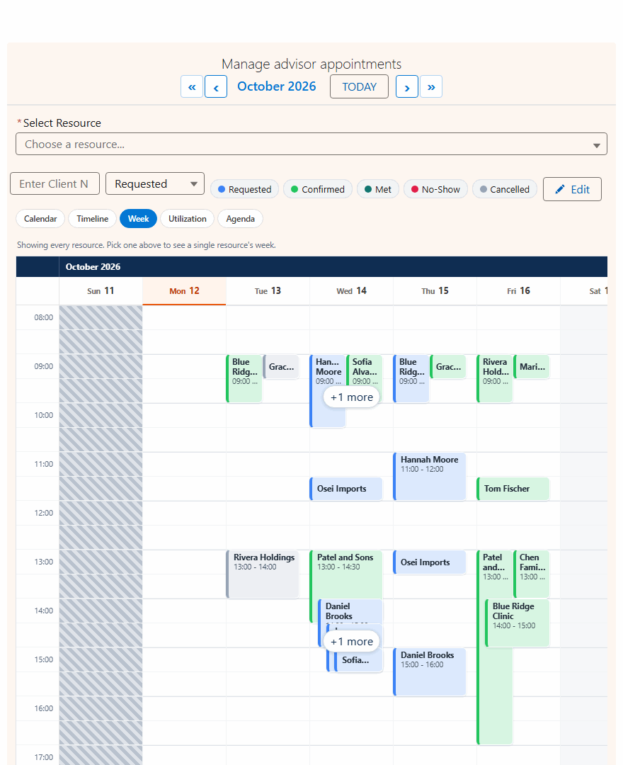 Animated demo of the MultiDatePick Salesforce week view: choosing an advisor shows their client meetings as status-colored blocks sized to each meeting's length, with hover cards giving client, meeting type and status