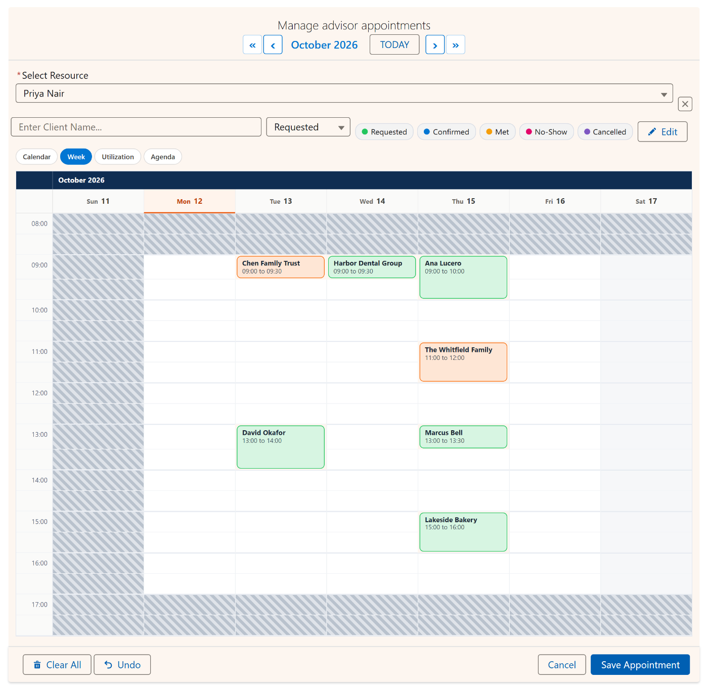 MultiDatePick week view on Salesforce for one advisor: named client meetings of 30 and 60 minutes drawn as status-colored blocks, closed hours hatched and today marked