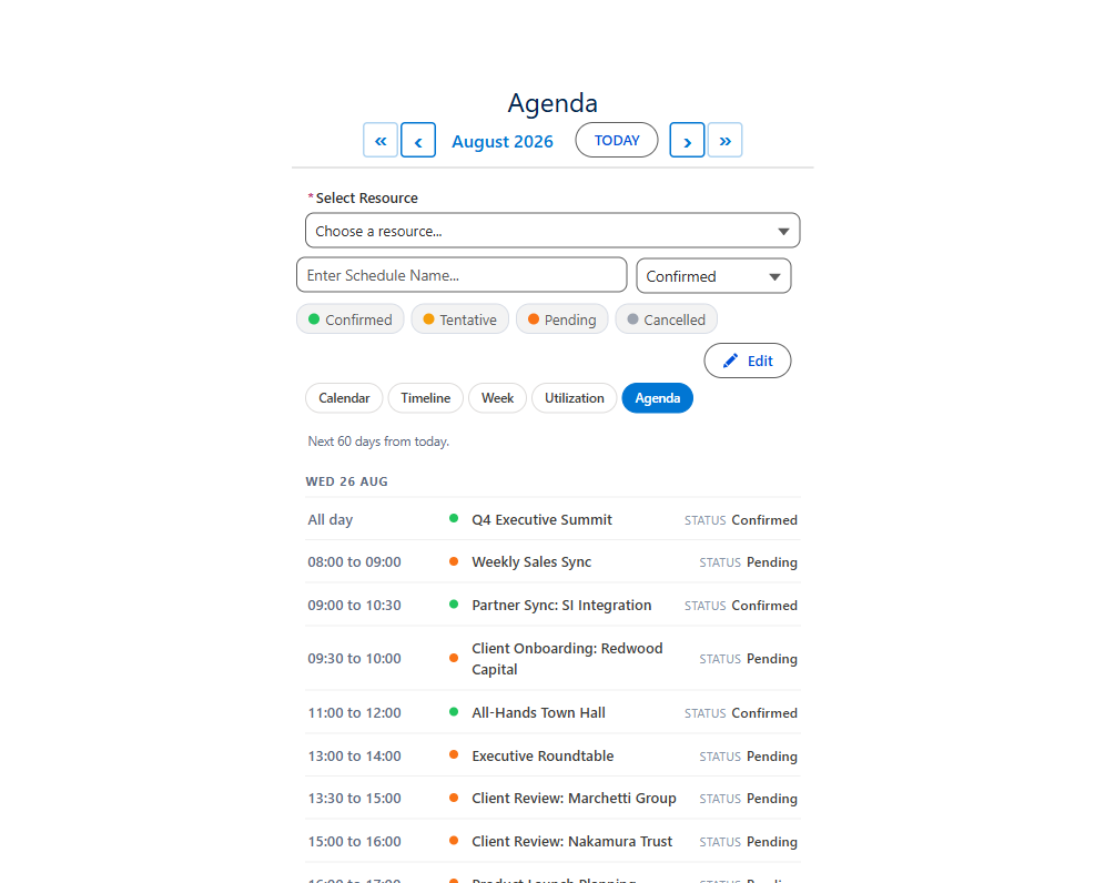 Agenda list view of upcoming bookings on a public Experience Cloud site