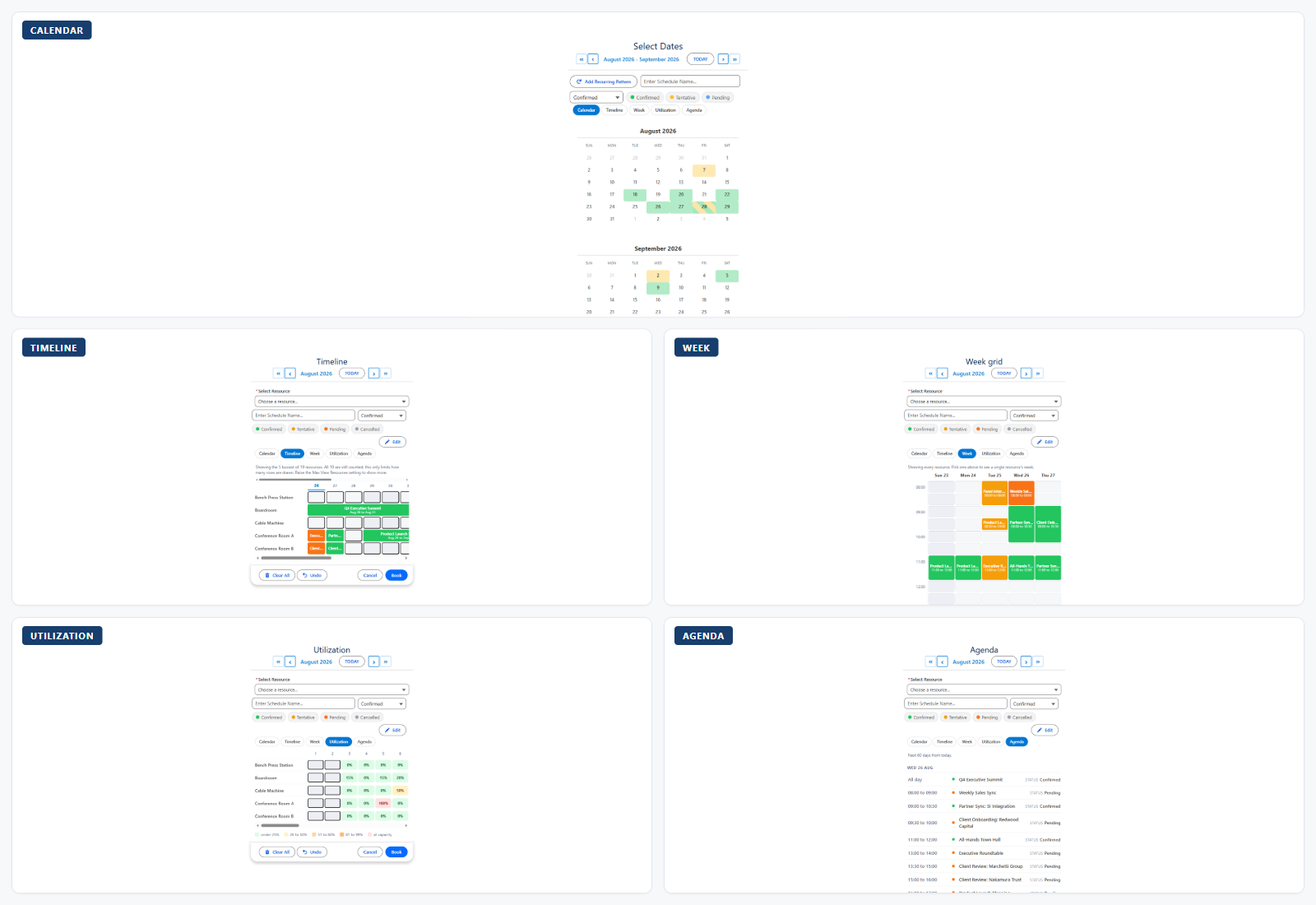 The same week of bookings rendered in all five MultiDatePick views: calendar, timeline, week, utilization, and agenda