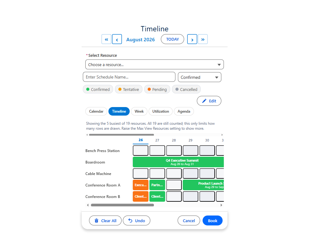 Booking timeline with resources down the side and multi-day bars across the top