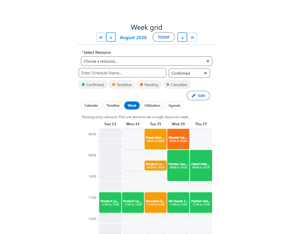 Week grid with a panel day of interviews blocked out