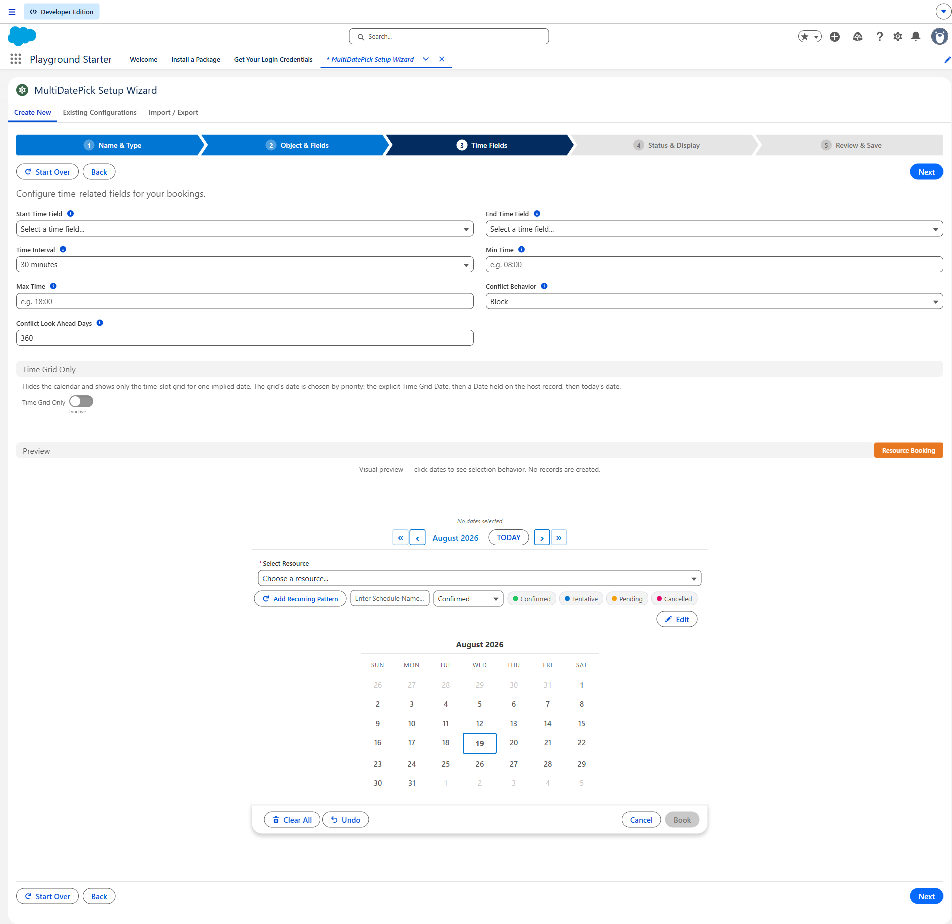MultiDatePick Setup Wizard in Salesforce: Time Fields tab with start-time, end-time, interval, business-hours and time-display-mode configured for a Booking component