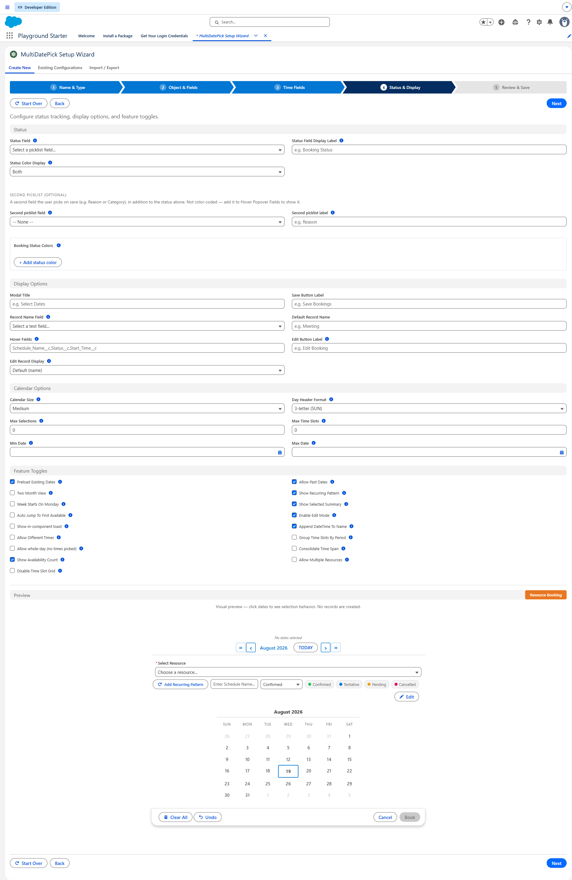 MultiDatePick Setup Wizard in Salesforce: Status and Display tab with status field, status colors, hover fields and edit mode configured