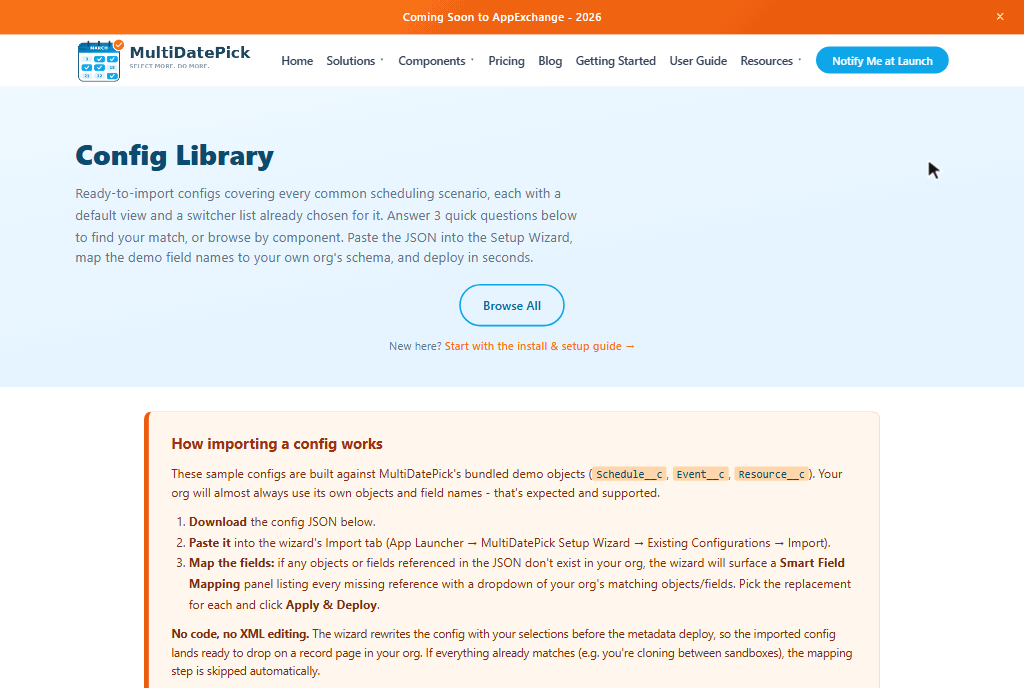Animated demo of importing a MultiDatePick config: Copy JSON on the Employee Time-Off card in the website Config Library, paste it into the setup wizard's Import tab, check every field resolves and deploy, then drag the MultiDatePick Dates component onto a Lightning page in App Builder, enter the config name and save
