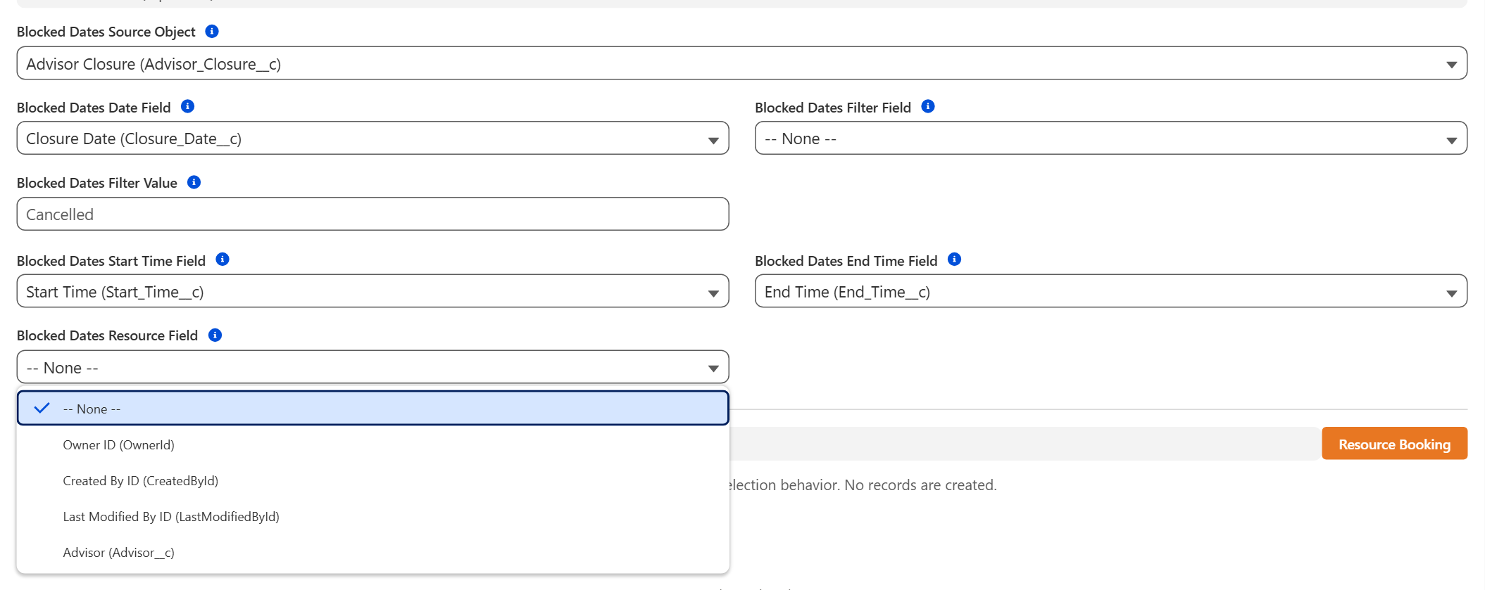 MultiDatePick Salesforce setup wizard Blocked Dates section: the Advisor Closure object chosen as the source, its Closure Date, Start Time and End Time fields picked, and the resource field list open showing its lookups