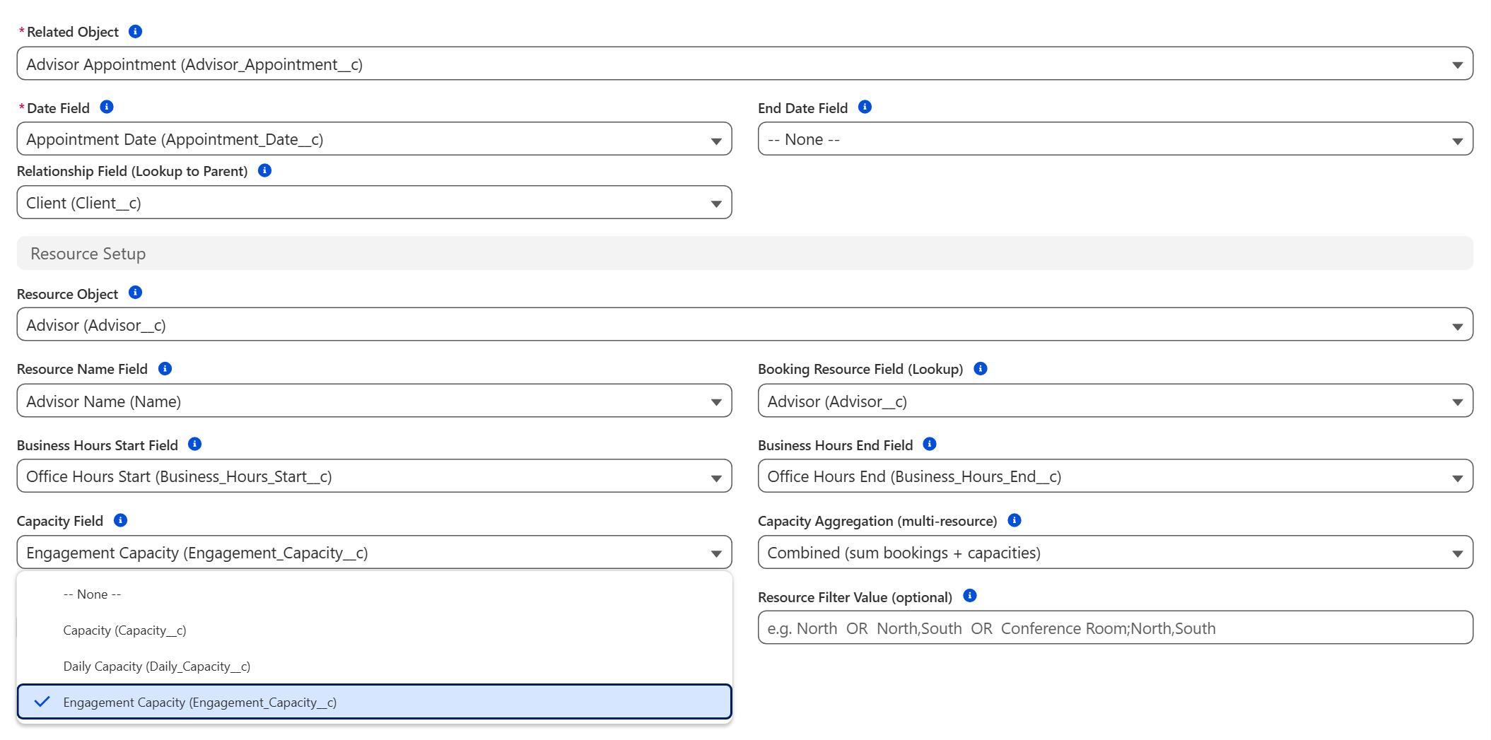 MultiDatePick Salesforce setup wizard, Object and Fields step: every field is a dropdown filtered to the chosen object, here Advisor Appointment and Advisor, with the Capacity Field list open showing only the Advisor number fields