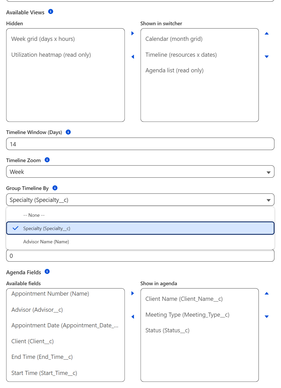 MultiDatePick Salesforce setup wizard view options: Calendar, Timeline and Agenda chosen for the view switcher, Group Timeline By set to the Advisor Specialty picklist, and Client Name, Meeting Type and Status picked as the agenda fields