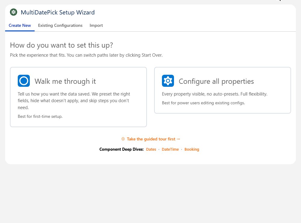 Animated walkthrough of the MultiDatePick Salesforce setup wizard: choosing Configure all properties and Resource Booking, naming the config, picking the appointment object, date, advisor and capacity fields from dropdowns, then the time and status fields, ending on the Review and Save summary