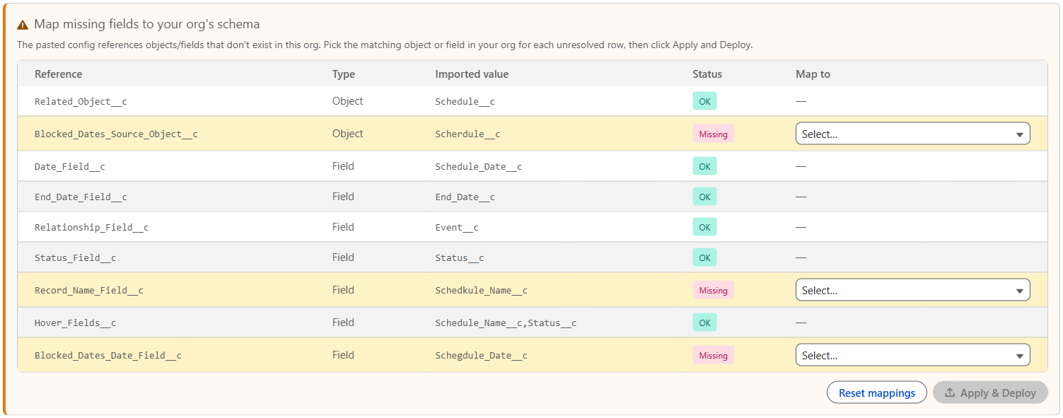 Smart Field Mapping in the MultiDatePick Salesforce Setup Wizard: paste a JSON config and every Object, Date Field, Status Field, and Resource lookup auto-fills into the wizard - no field-by-field typing